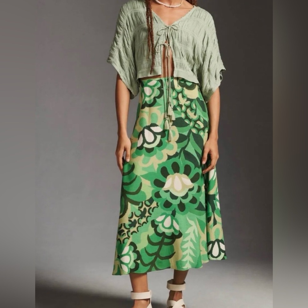 Anthro FARM Rio Green Floral Midi Skirt Size L Boho Tropical Print - Picture 2 of 11